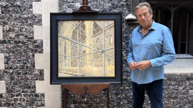 Gerard Stamp with his painting on the occasion of its donation in the new atrium at Norwich Castle.