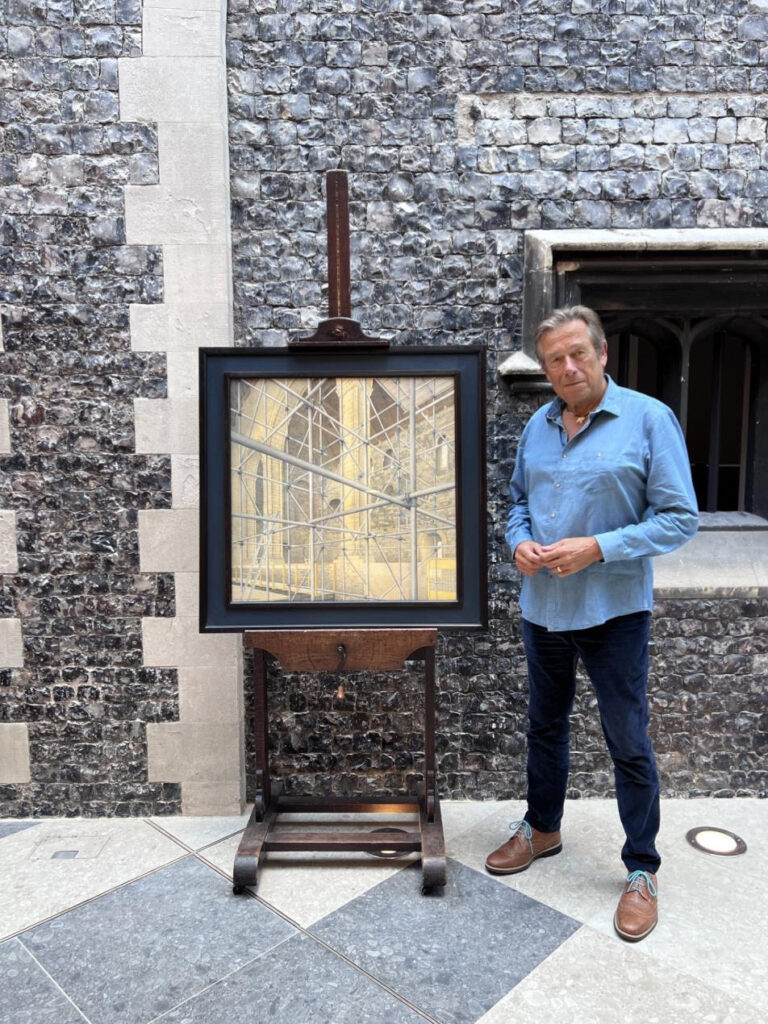 Gerard Stamp with his painting on the occasion of its donation in the new atrium at Norwich Castle.