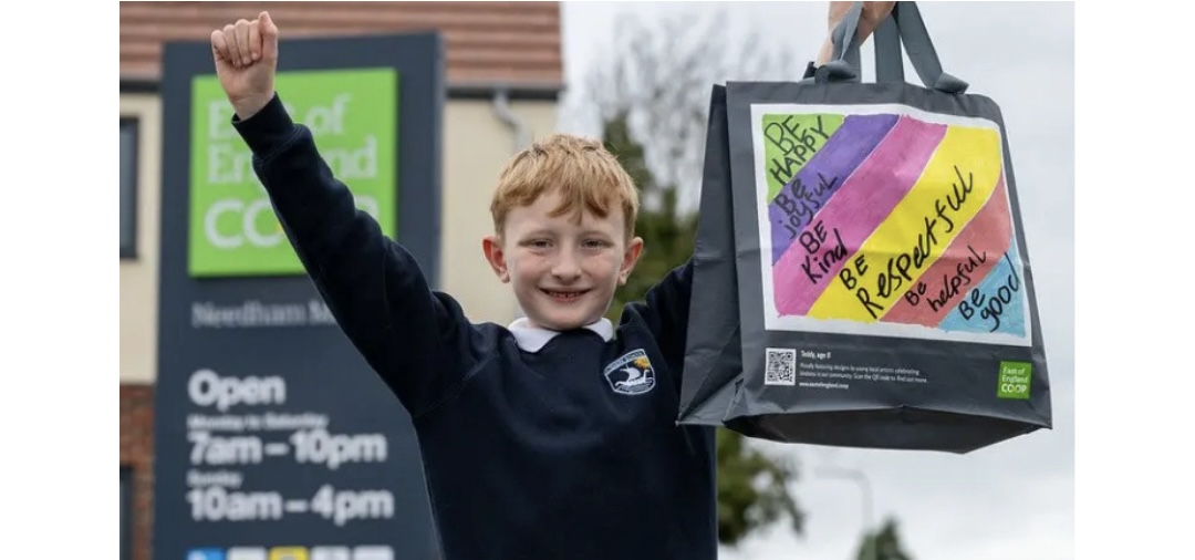 eddy, aged 9, one of the winners of the East of England Co-op competition to design limited edition shopper bags to raise money for its Community Cares Fund