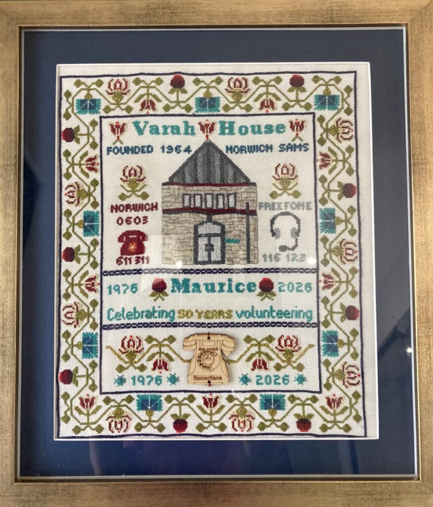 Cross-stich sampler - Norwich Samaritans